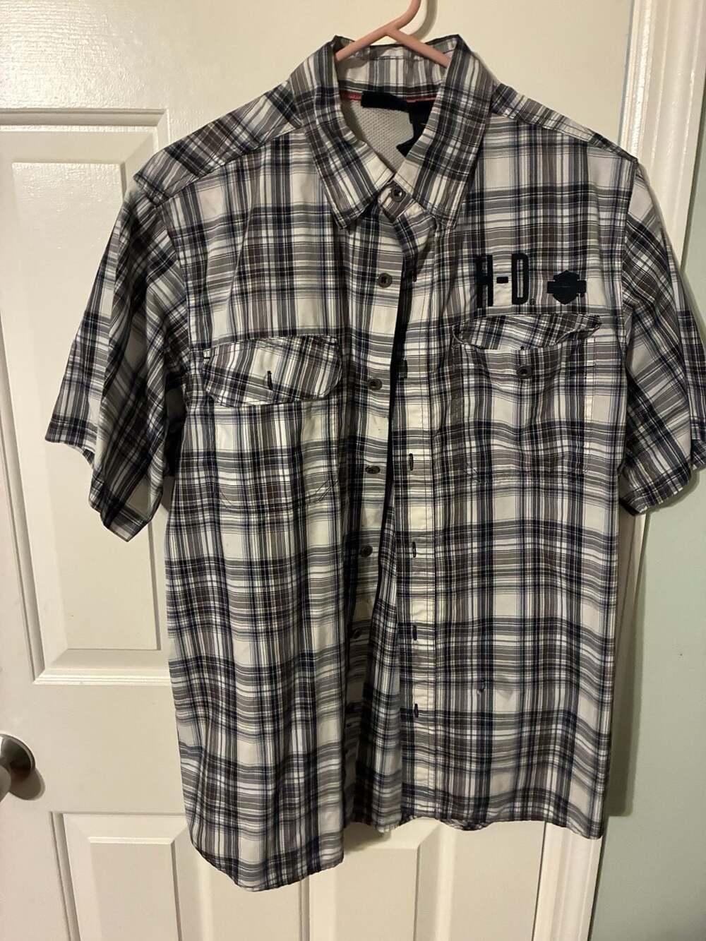 Harley-Davison HD Performance s/s Button Front Gray Plaid Shirt Mens Size M